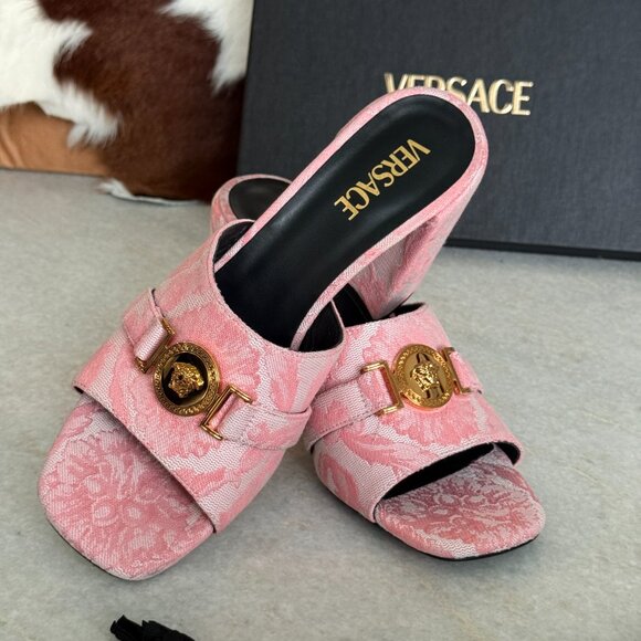 VERSACE Women's Medusa Mule Jacquard Pink Fabric Sandals heels, Sz. 41 - Picture 13 of 14